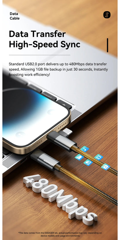 Essager 2-in-1 Right Angle Cable PD 65W 29W Fast Charging Elbow Data Cable For iPhone 15 14 13 MacBook Lenovo Asus Dell iPad Pro - KHOY