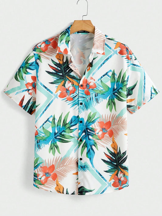 Hawaiian Vacation Shirt for Men - Soft, Airy & Colorful Short Sleeve Top with Palm Tree & Ocean Wave Designs - KHOY