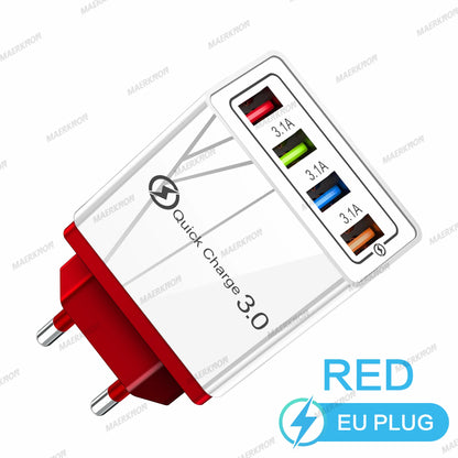 3A USB Charger 4 Ports USB Quick Charge 3.0 EU US Plug For iPhone Samsung Xiaomi Poco Fast Charging Mobile Phone Charger Adapter - KHOY
