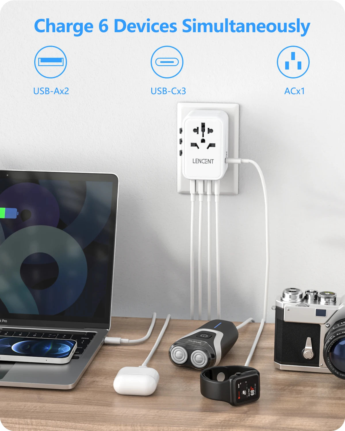 LENCENT 65W/100W GaN International Travel Adapter with 2USB 3 Type C GaN Fast Charging Adapter with EU AU US UK Plug for Travel - KHOY