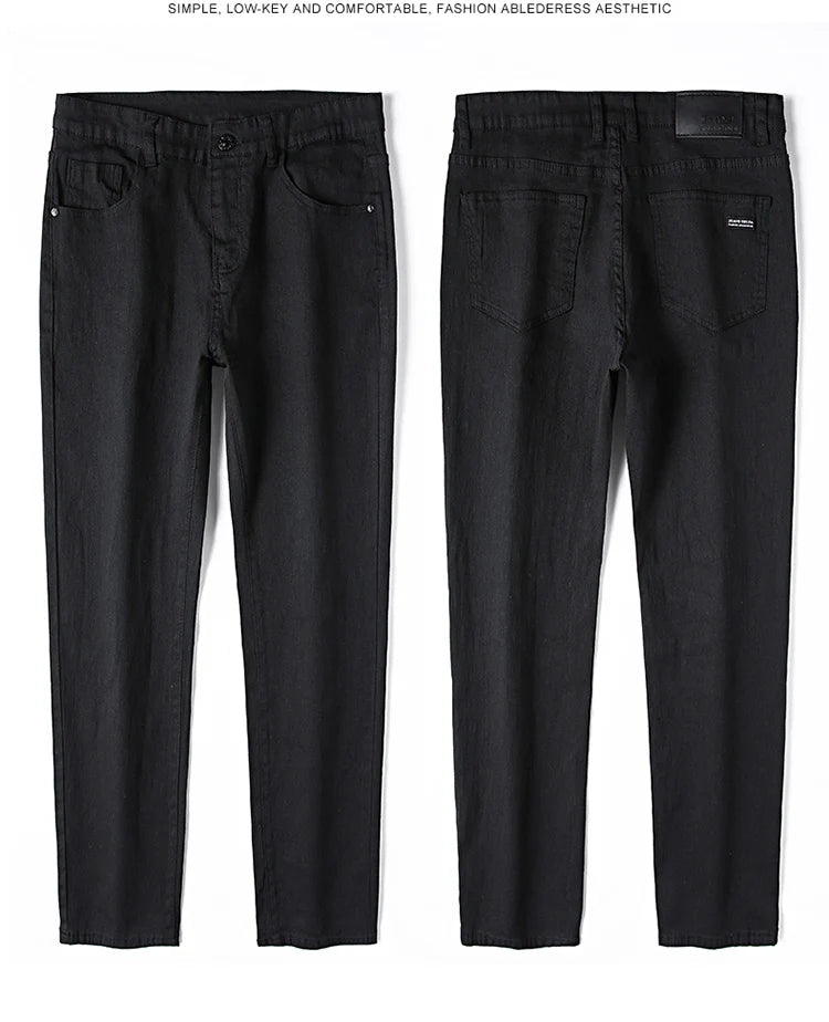 Men's pure black jeans Korean version trendy straight fit pants men's comfortable and elastic classic business jeans - KHOY