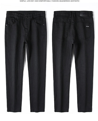 Men's pure black jeans Korean version trendy straight fit pants men's comfortable and elastic classic business jeans - KHOY