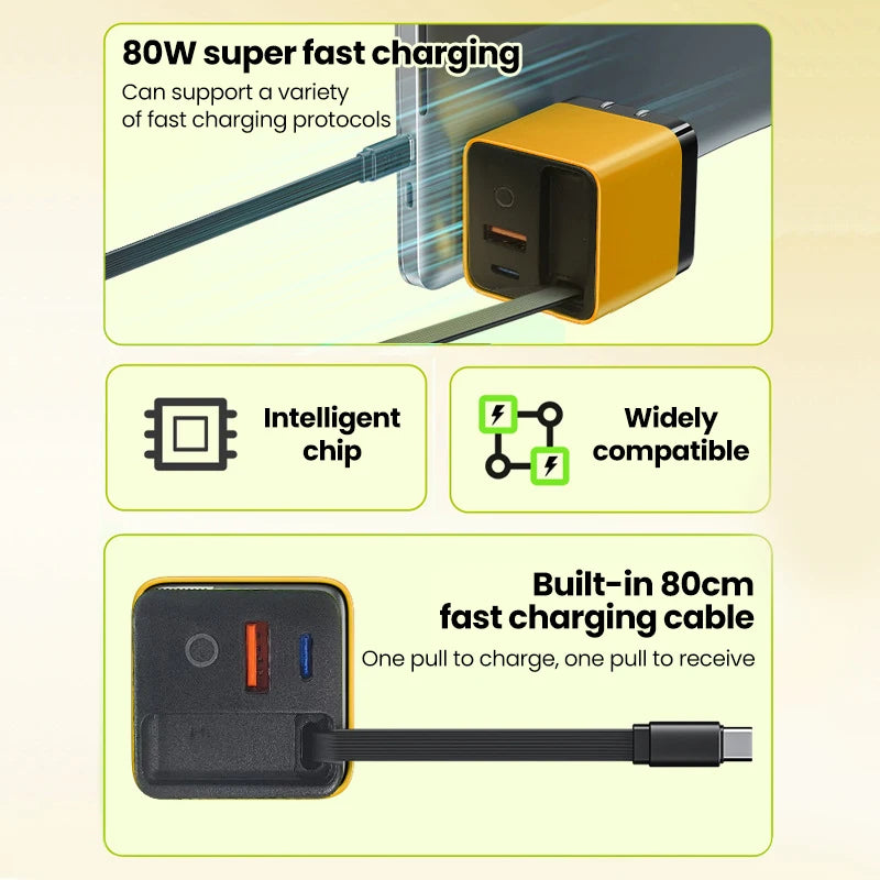 80W Super Fast Charge Type C USB Phone Charger With Telescopic USB C Cable For Iphone 16 15 Samsung Laptop With Light - KHOY