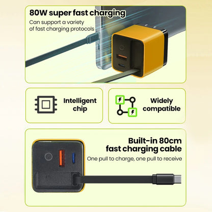 80W Super Fast Charge Type C USB Phone Charger With Telescopic USB C Cable For Iphone 16 15 Samsung Laptop With Light - KHOY