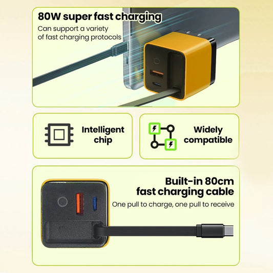 80W Super Fast Charge Type C USB Phone Charger With Telescopic USB C Cable For Iphone 16 15 Samsung Laptop With Light - KHOY