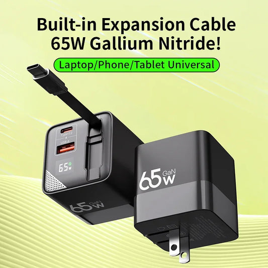 65W GaN Fast Charger Three-Port USB-C Charging Head Built-in 80cm Retractable TypeC Cable for iPhone16 15 14 13 Xiaomi Samsung - KHOY