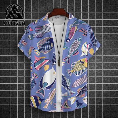 Hawaiian Shirt For Men Beach Casual Men's Short Sleeved Shirts New Cute Fish 3d Print Men's Shirt Oversized Men's Clothing 5xl - KHOY