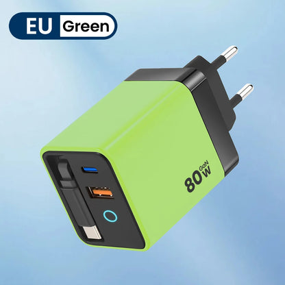 80W Super Fast Charge Type C USB Phone Charger With Telescopic USB C Cable For Iphone 16 15 Samsung Laptop With Light - KHOY