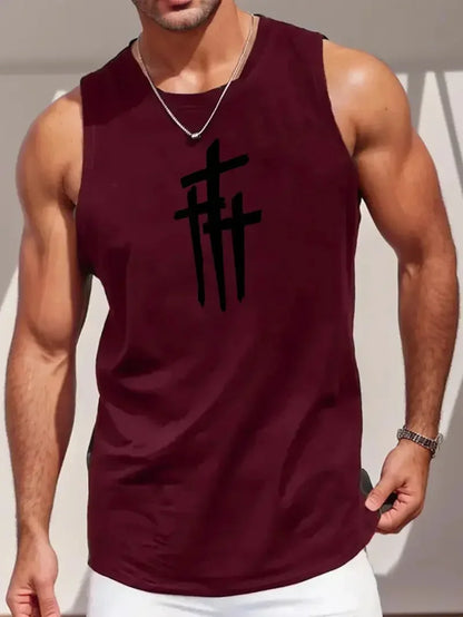 Summer Simple Letter Print Men's Round Neck Tank Top Gym Fitness Training Sports Vest Plus Size Man Sleeveless Shirt Casual Tees - KHOY