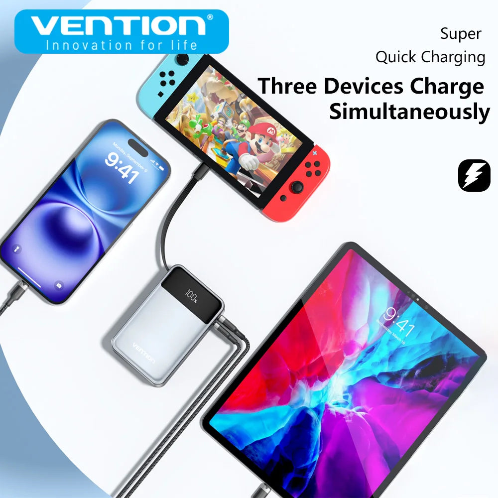 Vention Power Bank 20000mAh 65W PD Fast Charger with Built-in Type-C Cable External Spare Battery Portable Power Bank for Laptop - KHOY