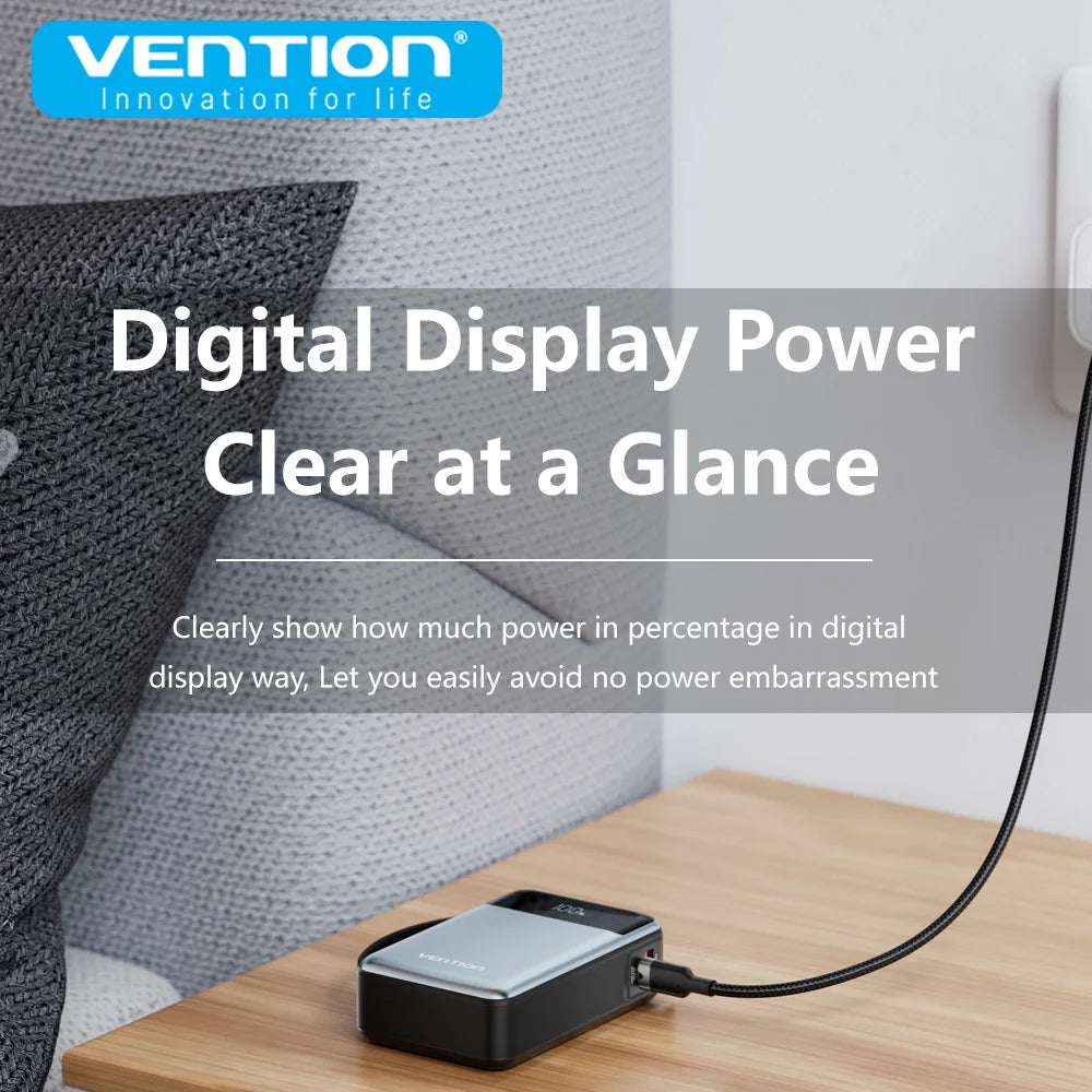 Vention Power Bank 20000mAh 65W PD Fast Charger with Built-in Type-C Cable External Spare Battery Portable Power Bank for Laptop - KHOY