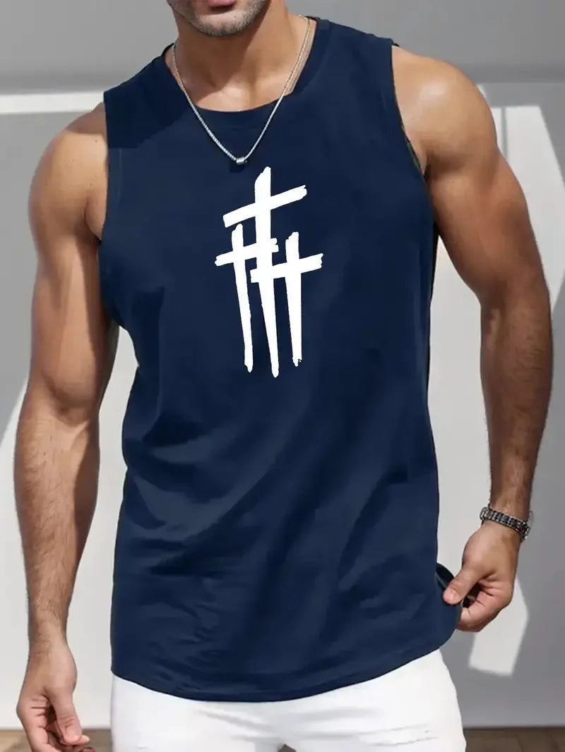 Summer Simple Letter Print Men's Round Neck Tank Top Gym Fitness Training Sports Vest Plus Size Man Sleeveless Shirt Casual Tees - KHOY