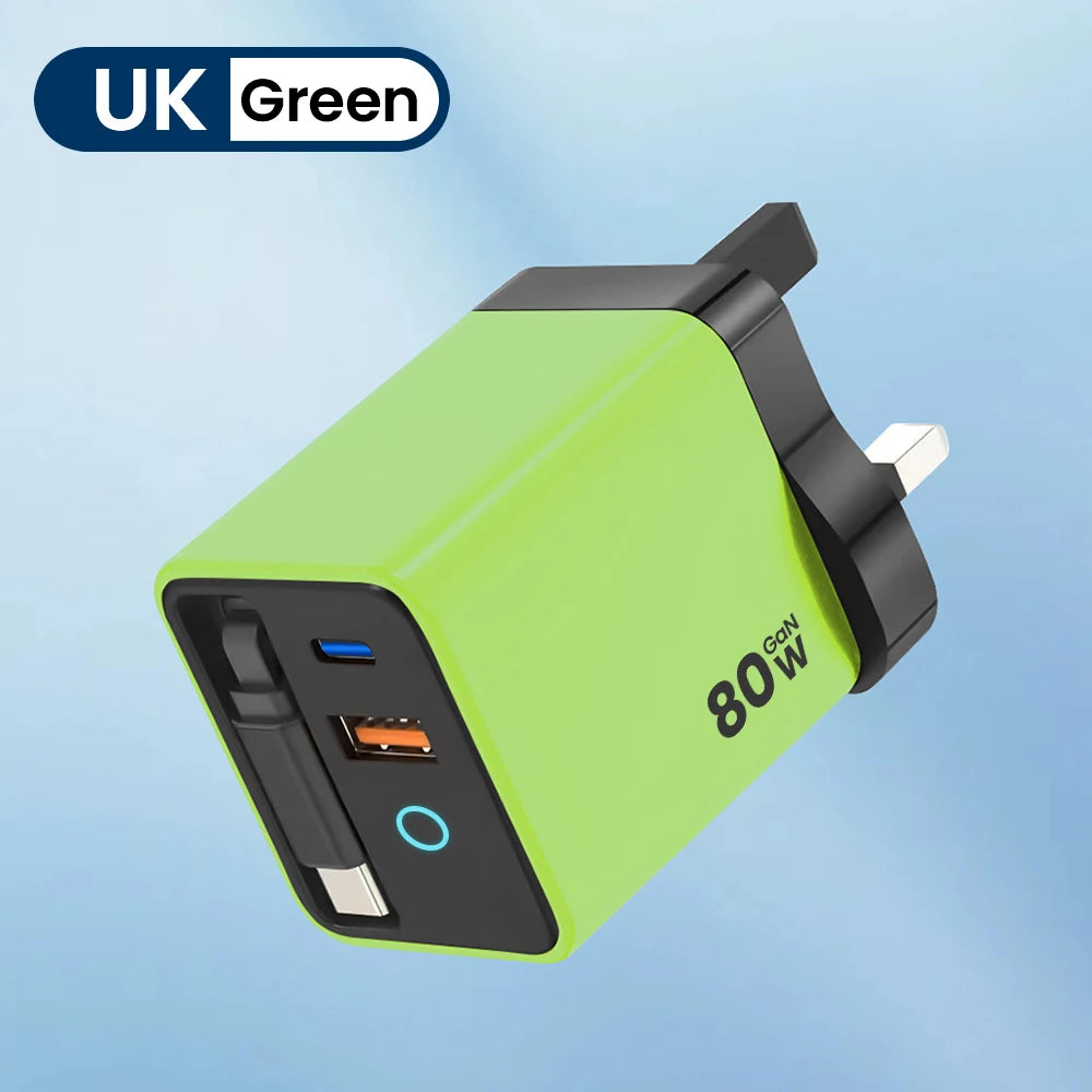 80W Super Fast Charge Type C USB Phone Charger With Telescopic USB C Cable For Iphone 16 15 Samsung Laptop With Light - KHOY