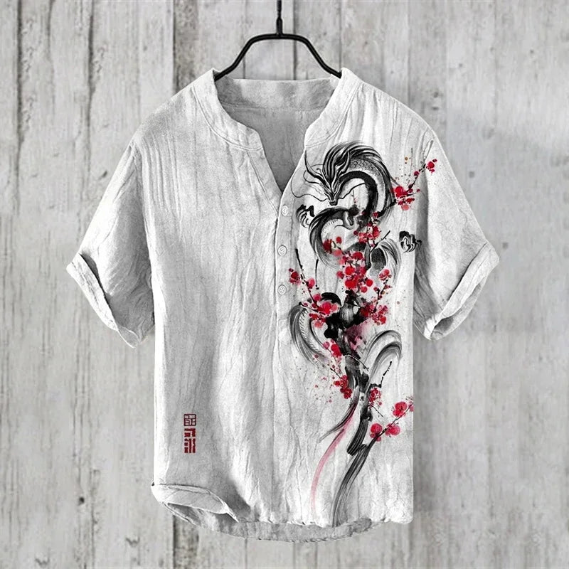 2024 Hawaiian Shirt Men's Stand Collar Short Sleeve Shirt Portrait 3D Printing Fashion Casual Bamboo Linen Top S-5XL - KHOY