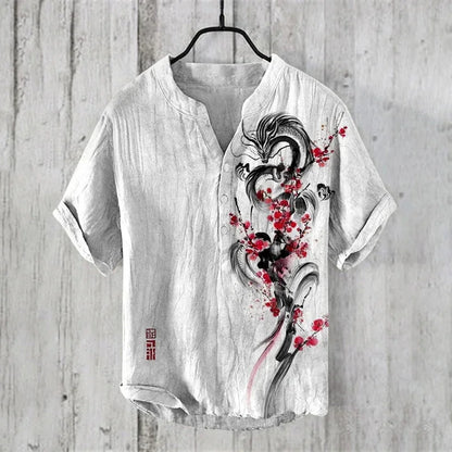 2024 Hawaiian Shirt Men's Stand Collar Short Sleeve Shirt Portrait 3D Printing Fashion Casual Bamboo Linen Top S-5XL - KHOY