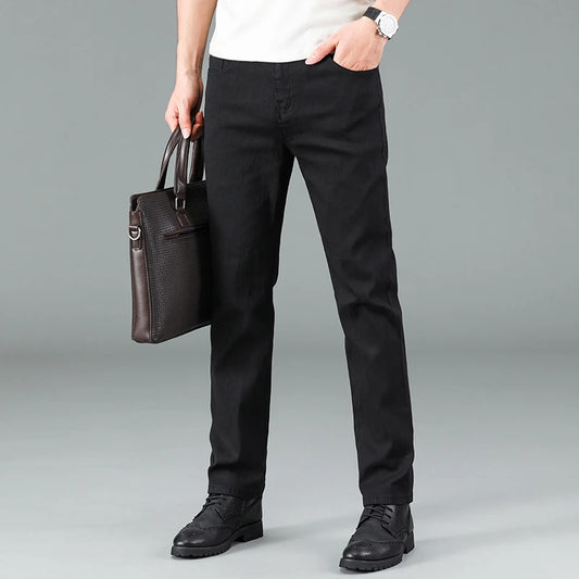 Men's pure black jeans Korean version trendy straight fit pants men's comfortable and elastic classic business jeans - KHOY