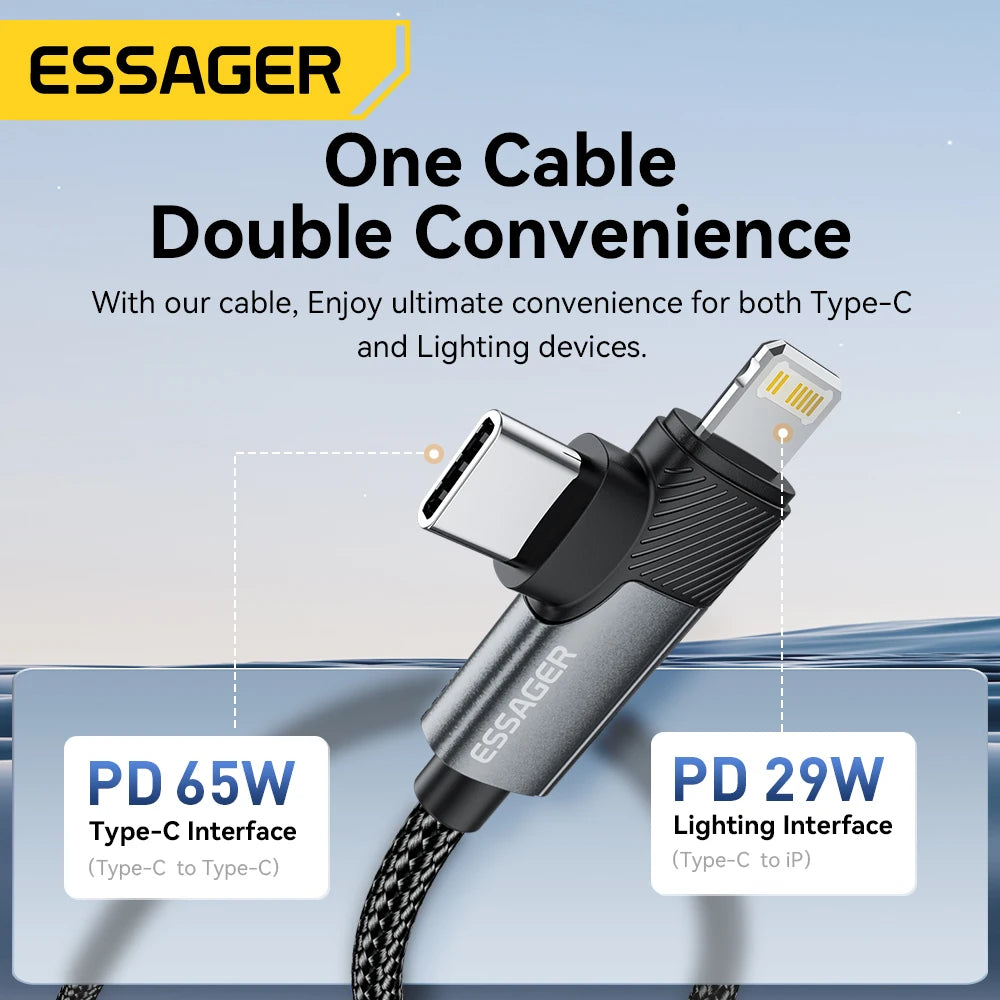 Essager 2-in-1 Right Angle Cable PD 65W 29W Fast Charging Elbow Data Cable For iPhone 15 14 13 MacBook Lenovo Asus Dell iPad Pro - KHOY