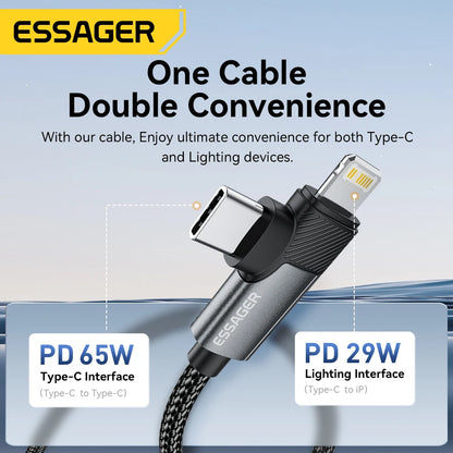 Essager 2-in-1 Right Angle Cable PD 65W 29W Fast Charging Elbow Data Cable For iPhone 15 14 13 MacBook Lenovo Asus Dell iPad Pro - KHOY