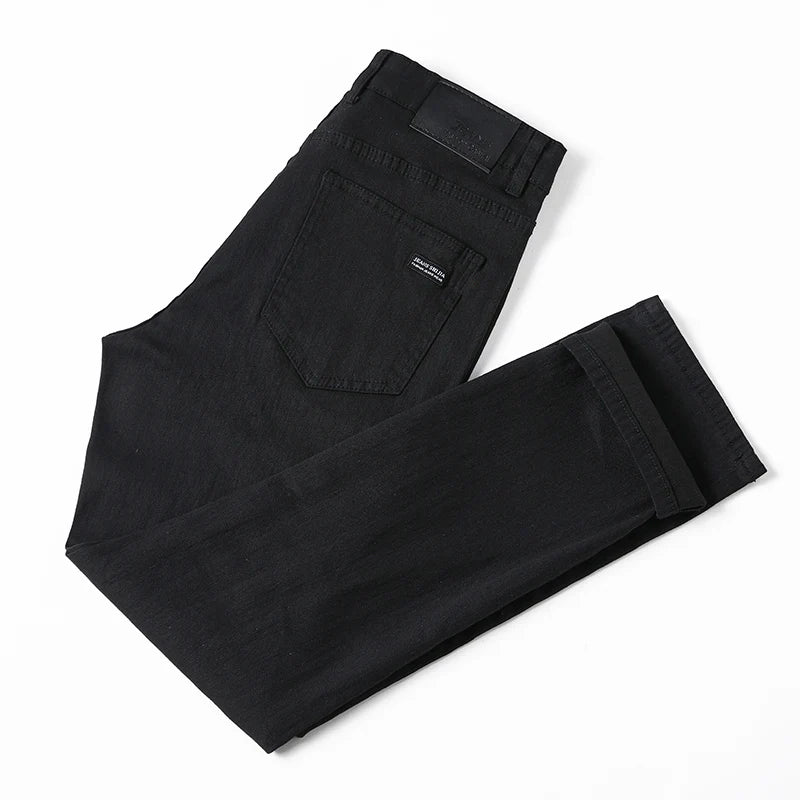 Men's pure black jeans Korean version trendy straight fit pants men's comfortable and elastic classic business jeans - KHOY