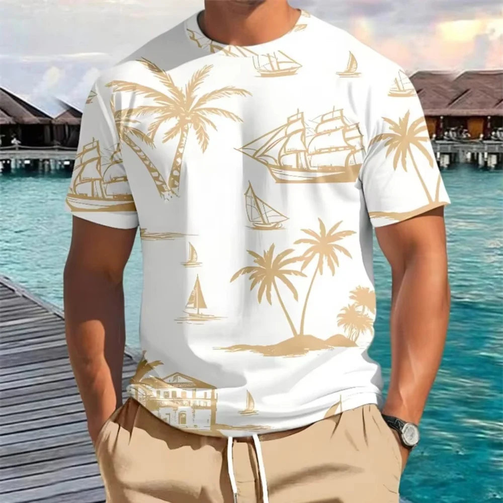 Hawaiian print T-shirt, summer unisex short-sleeved shirt, new round neck casual short-sleeved shirt, outdoor sportswear - KHOY