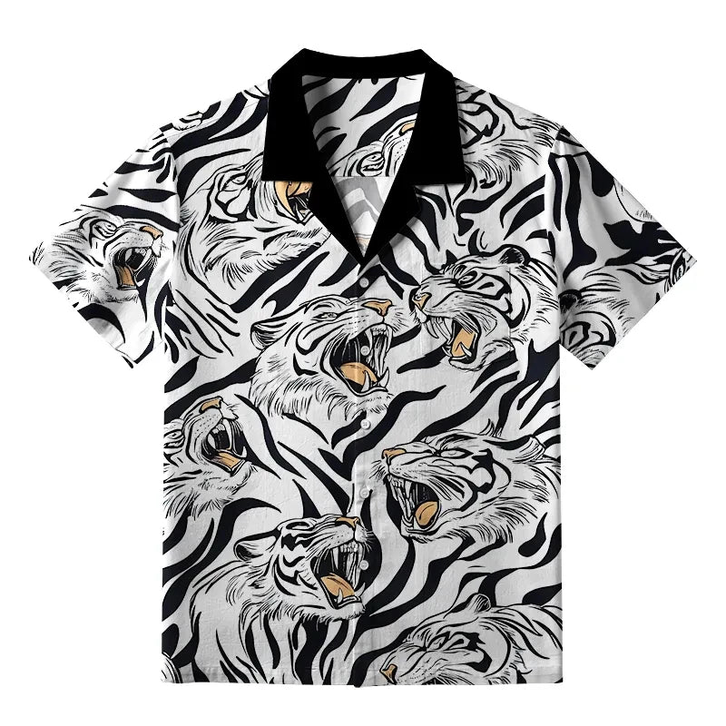 Hawaiian Shirt Man Holiday Casual Loose Beach Fashion Tiger Printed Shirt Hawaii Funny Oversized Breathable Buttons Clothes Tops - KHOY