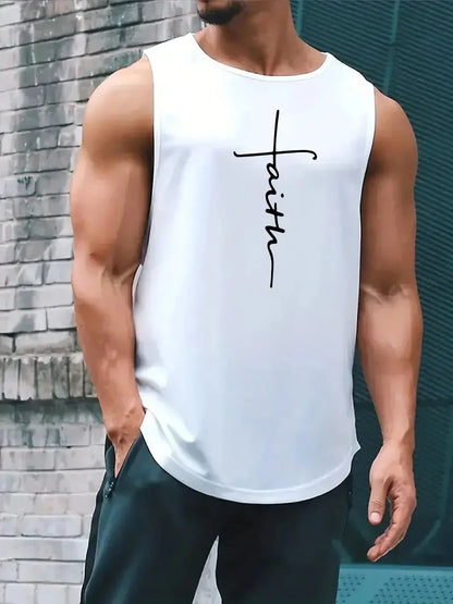 Summer Simple Letter Print Men's Round Neck Tank Top Gym Fitness Training Sports Vest Plus Size Man Sleeveless Shirt Casual Tees - KHOY