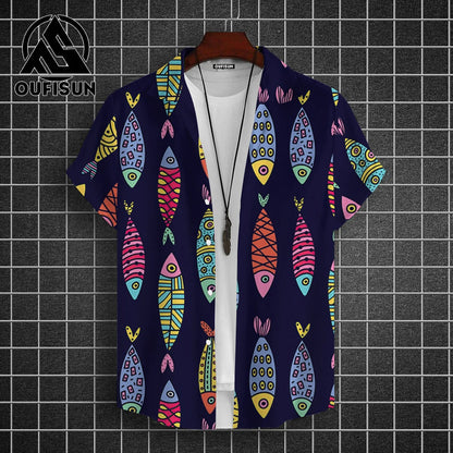 Hawaiian Shirt For Men Beach Casual Men's Short Sleeved Shirts New Cute Fish 3d Print Men's Shirt Oversized Men's Clothing 5xl - KHOY