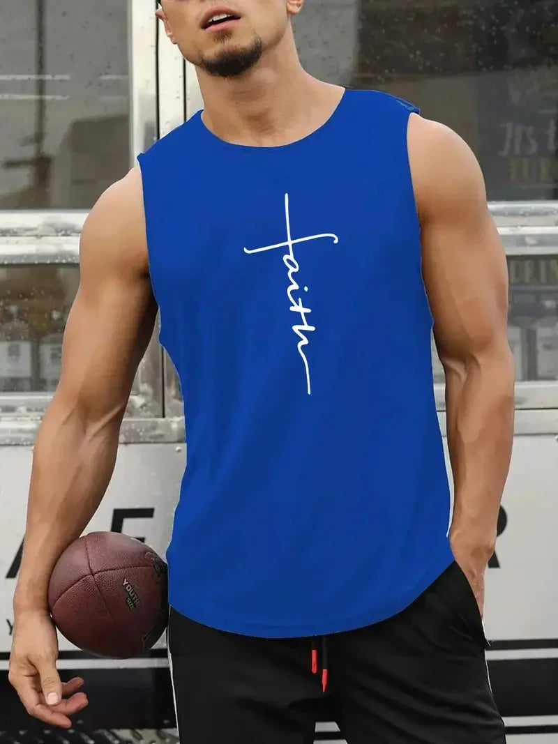 Summer Simple Letter Print Men's Round Neck Tank Top Gym Fitness Training Sports Vest Plus Size Man Sleeveless Shirt Casual Tees - KHOY