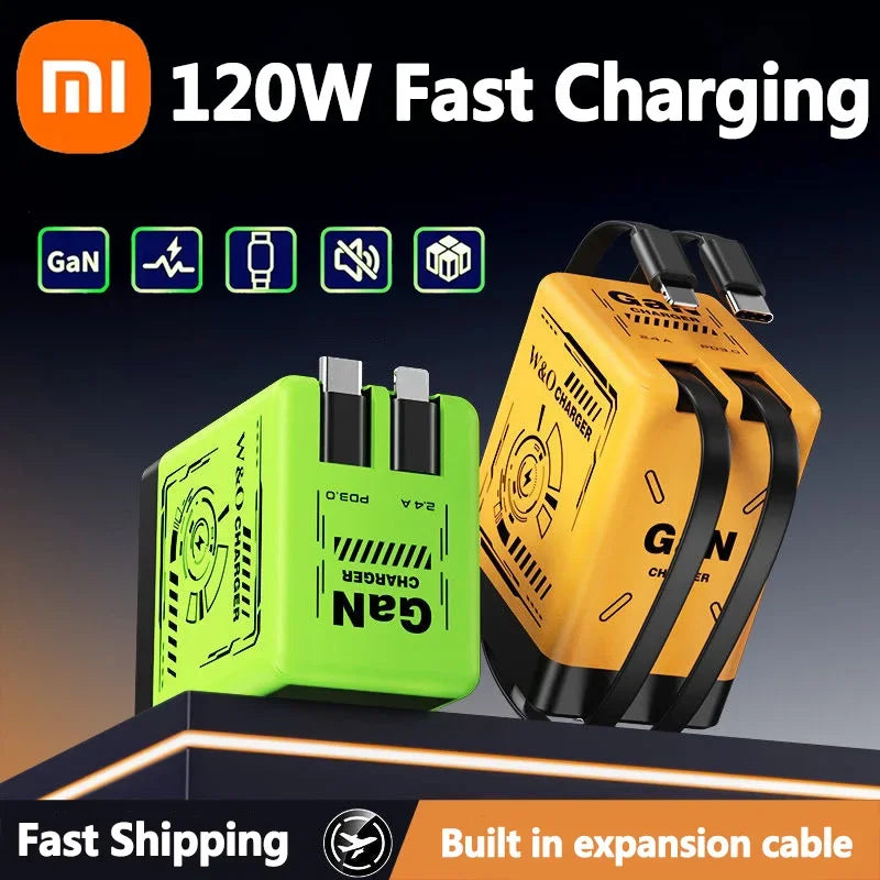 Xiaomi GaN120W Ultra Fast Charger With Retractable Type-C Lightning Cable Fast Charging Adapter For iPhone16 iPad Samsung Huawei - KHOY