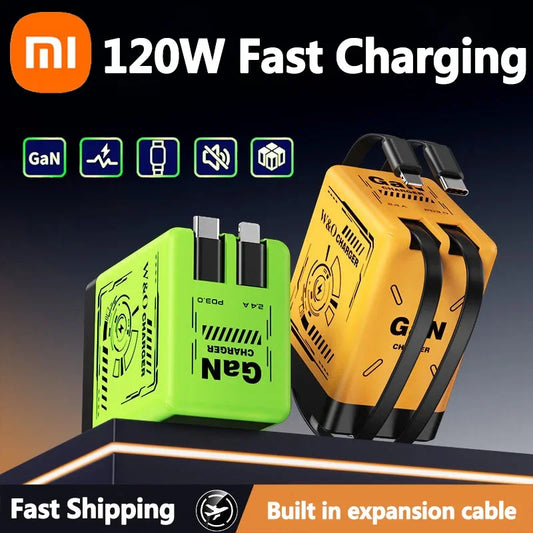 Xiaomi GaN120W Ultra Fast Charger With Retractable Type-C Lightning Cable Fast Charging Adapter For iPhone16 iPad Samsung Huawei - KHOY
