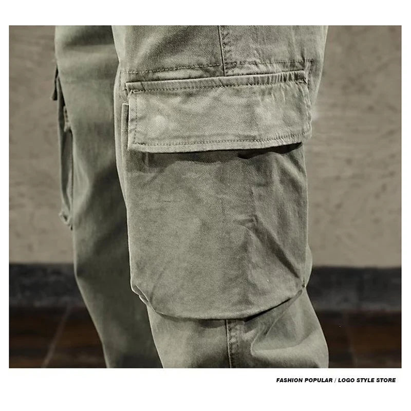 Men Cargo Pants Male Vintage Multi Pocket Loose Fit American Style Casual Cloth Pants High Street Outdoor Resistant Work Pants - KHOY