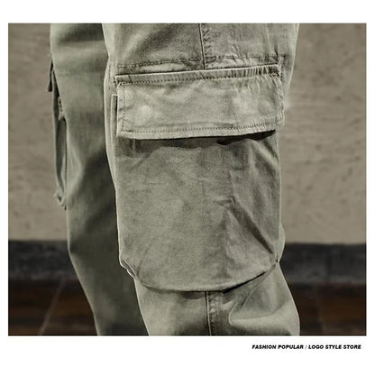 Men Cargo Pants Male Vintage Multi Pocket Loose Fit American Style Casual Cloth Pants High Street Outdoor Resistant Work Pants - KHOY