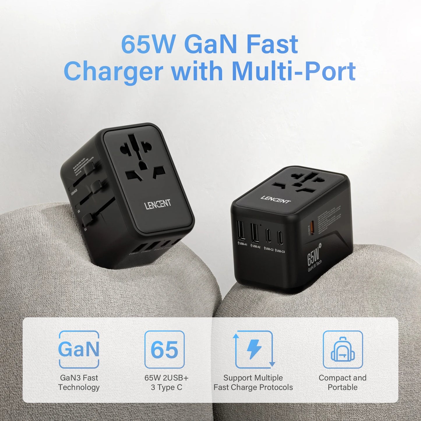 LENCENT 65W/100W GaN International Travel Adapter with 2USB 3 Type C GaN Fast Charging Adapter with EU AU US UK Plug for Travel - KHOY