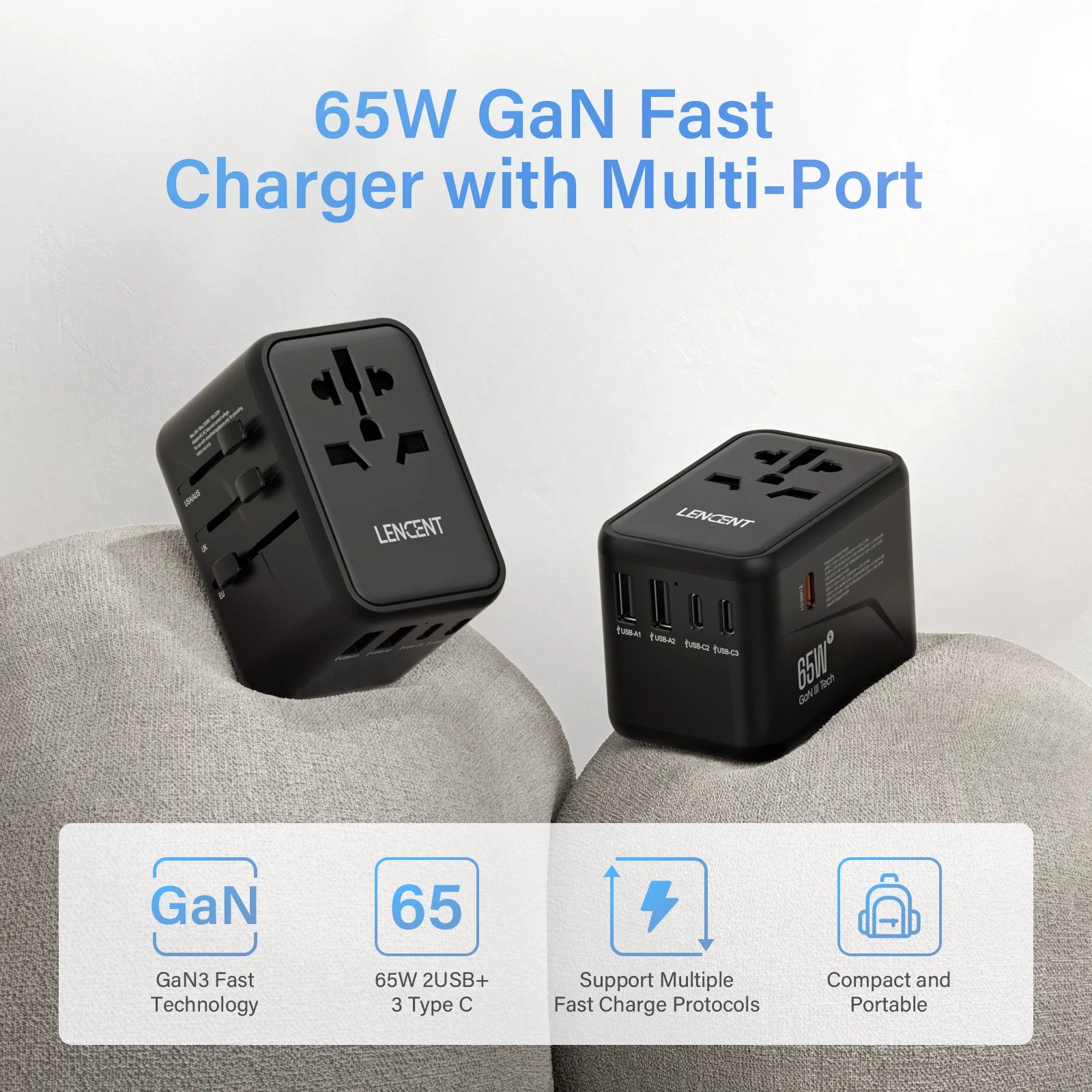 LENCENT 65W/100W GaN International Travel Adapter with 2USB 3 Type C GaN Fast Charging Adapter with EU AU US UK Plug for Travel - KHOY