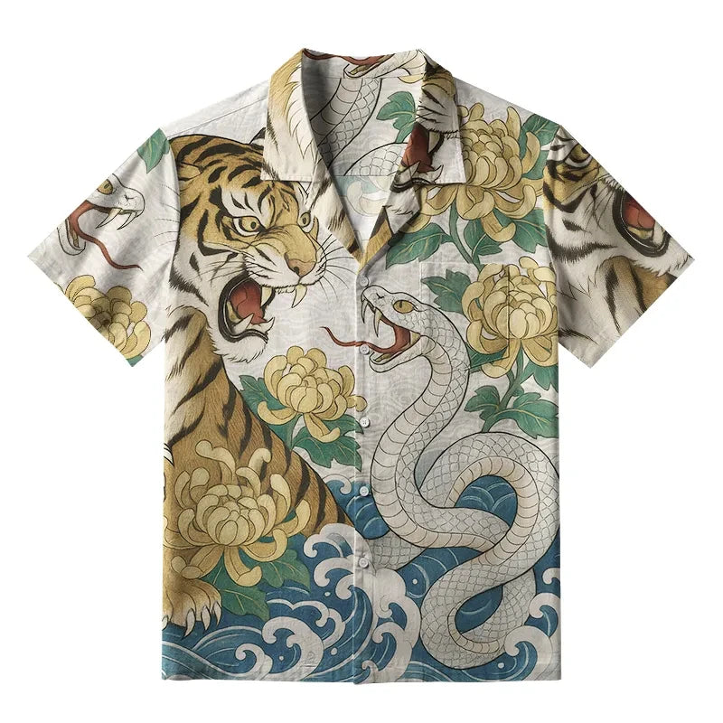 Hawaiian Shirt Man Holiday Casual Loose Beach Fashion Tiger Printed Shirt Hawaii Funny Oversized Breathable Buttons Clothes Tops - KHOY