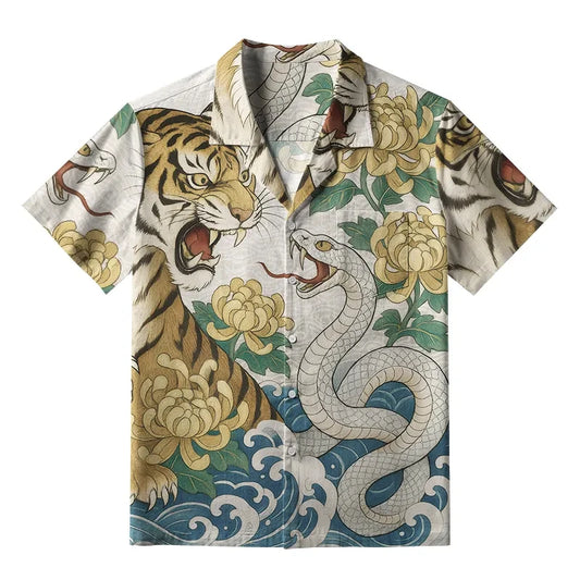 Hawaiian Shirt Man Holiday Casual Loose Beach Fashion Tiger Printed Shirt Hawaii Funny Oversized Breathable Buttons Clothes Tops - KHOY