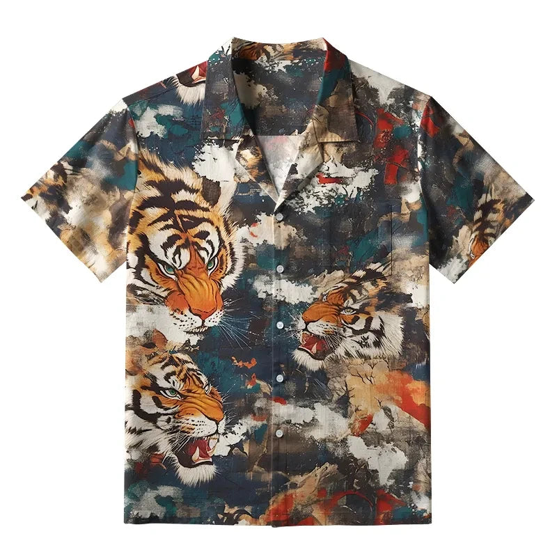 Hawaiian Shirt Man Holiday Casual Loose Beach Fashion Tiger Printed Shirt Hawaii Funny Oversized Breathable Buttons Clothes Tops - KHOY