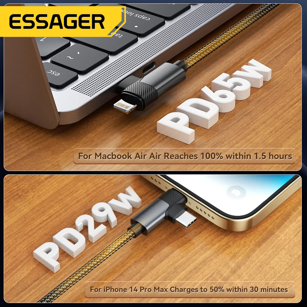 Essager 2-in-1 Right Angle Cable PD 65W 29W Fast Charging Elbow Data Cable For iPhone 15 14 13 MacBook Lenovo Asus Dell iPad Pro - KHOY
