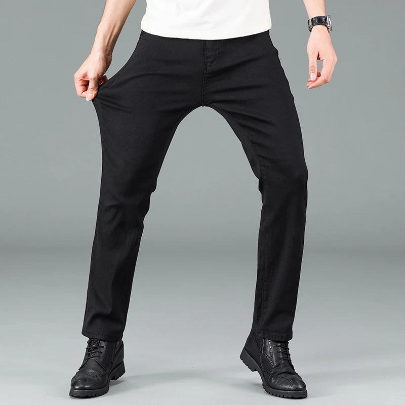 Men's pure black jeans Korean version trendy straight fit pants men's comfortable and elastic classic business jeans - KHOY