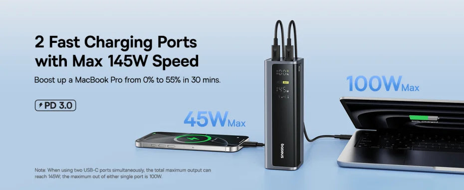 Baseus Power Bank 30000mAh 65W PD3.0 Quick Charging 3.0 FCP SCP Portable External for iPhone 16 15 14 Laptop Tablet Power bank - KHOY