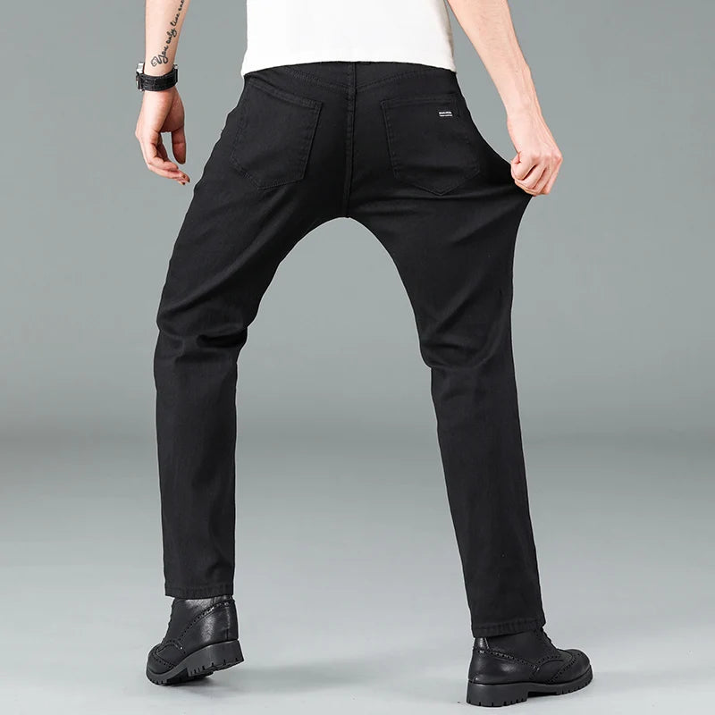 Men's pure black jeans Korean version trendy straight fit pants men's comfortable and elastic classic business jeans - KHOY