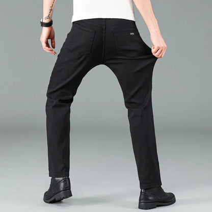 Men's pure black jeans Korean version trendy straight fit pants men's comfortable and elastic classic business jeans - KHOY