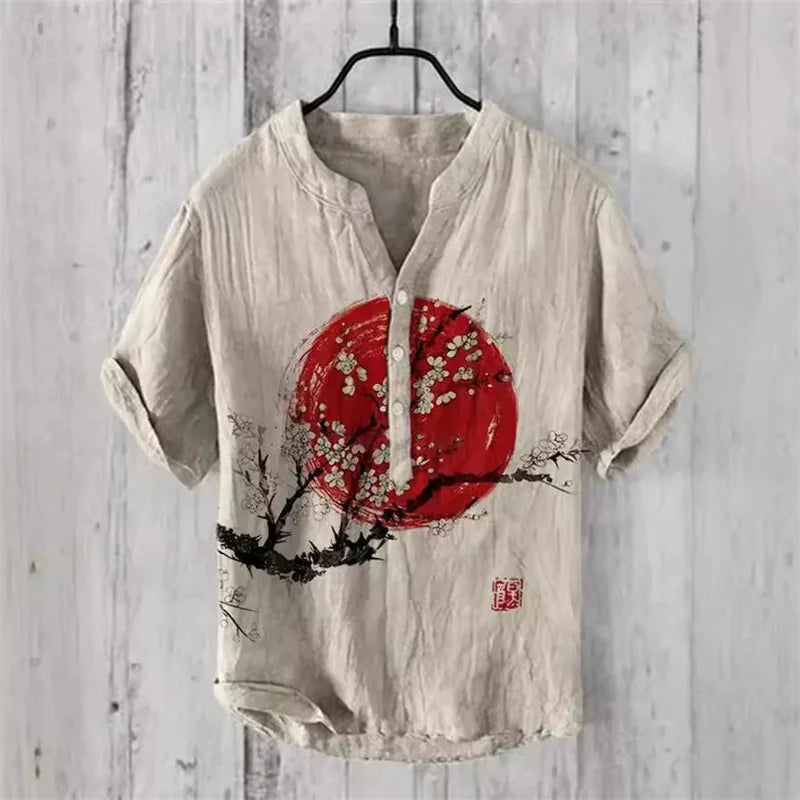 2024 Hawaiian Shirt Men's Stand Collar Short Sleeve Shirt Portrait 3D Printing Fashion Casual Bamboo Linen Top S-5XL - KHOY