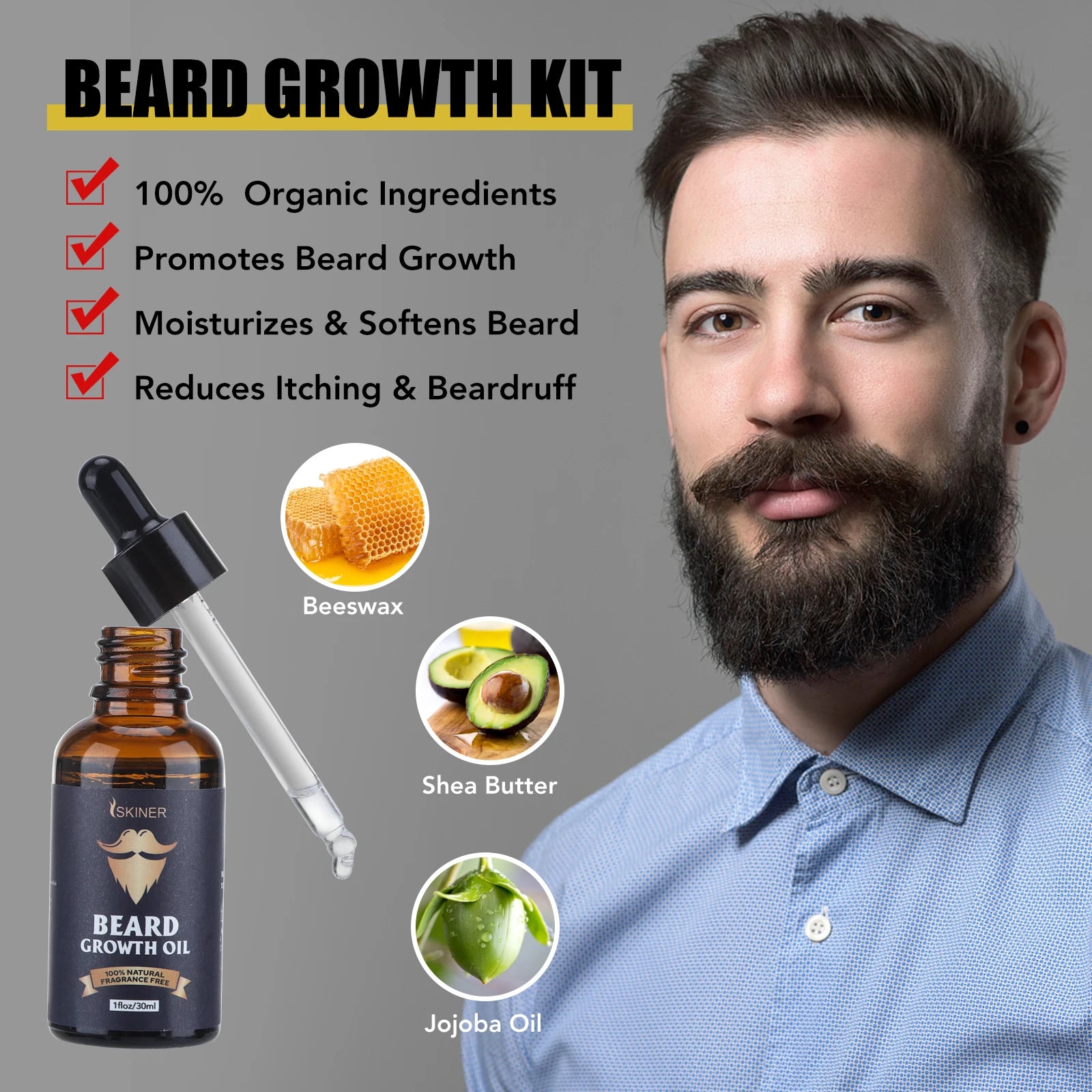 Beard Growth Kit For Men Barbe Hair Enhancerbeard Essential Oil Moisturizing Wax Growth Roller Comb Styling Scissors Beard Care - KHOY