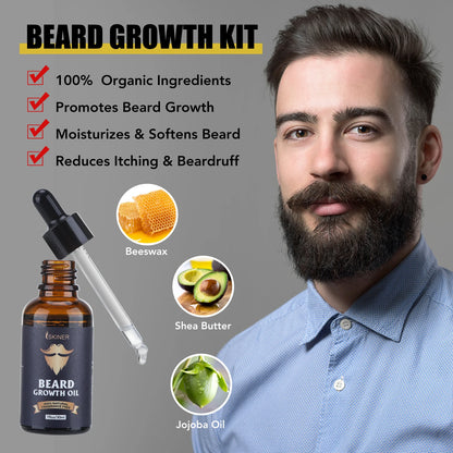Beard Growth Kit For Men Barbe Hair Enhancerbeard Essential Oil Moisturizing Wax Growth Roller Comb Styling Scissors Beard Care - KHOY