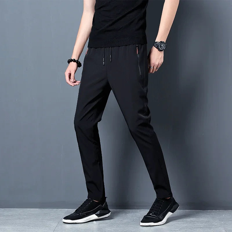 Men's Casual Pants Straight Slim Fit Elastic Waist Jogger Korean Classic Blue Black Gray Male Brand Trousers Plus Size - KHOY