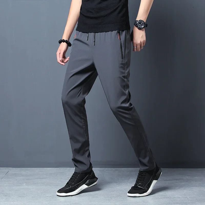 Men's Casual Pants Straight Slim Fit Elastic Waist Jogger Korean Classic Blue Black Gray Male Brand Trousers Plus Size - KHOY