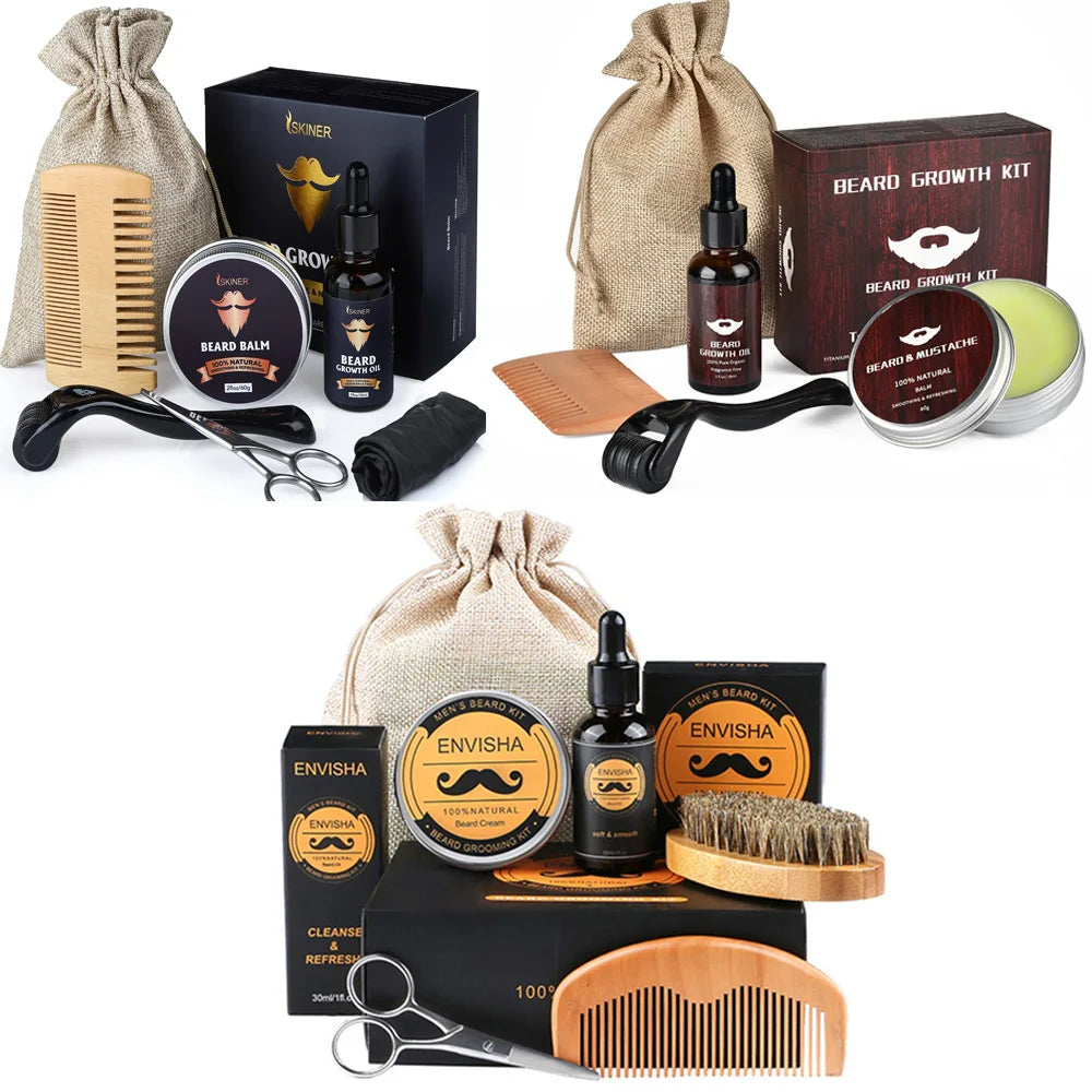 Beard Growth Kit For Men Barbe Hair Enhancerbeard Essential Oil Moisturizing Wax Growth Roller Comb Styling Scissors Beard Care - KHOY