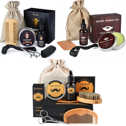 Beard Growth Kit For Men Barbe Hair Enhancerbeard Essential Oil Moisturizing Wax Growth Roller Comb Styling Scissors Beard Care - KHOY
