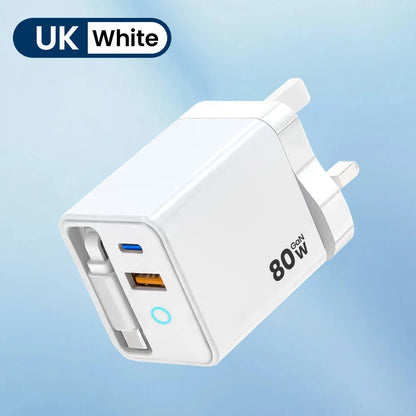 80W Super Fast Charge Type C USB Phone Charger With Telescopic USB C Cable For Iphone 16 15 Samsung Laptop With Light - KHOY